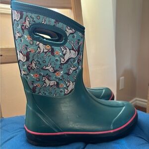 Bogs Girls Insulated Winter Waterproof Boots Green with Unicorns